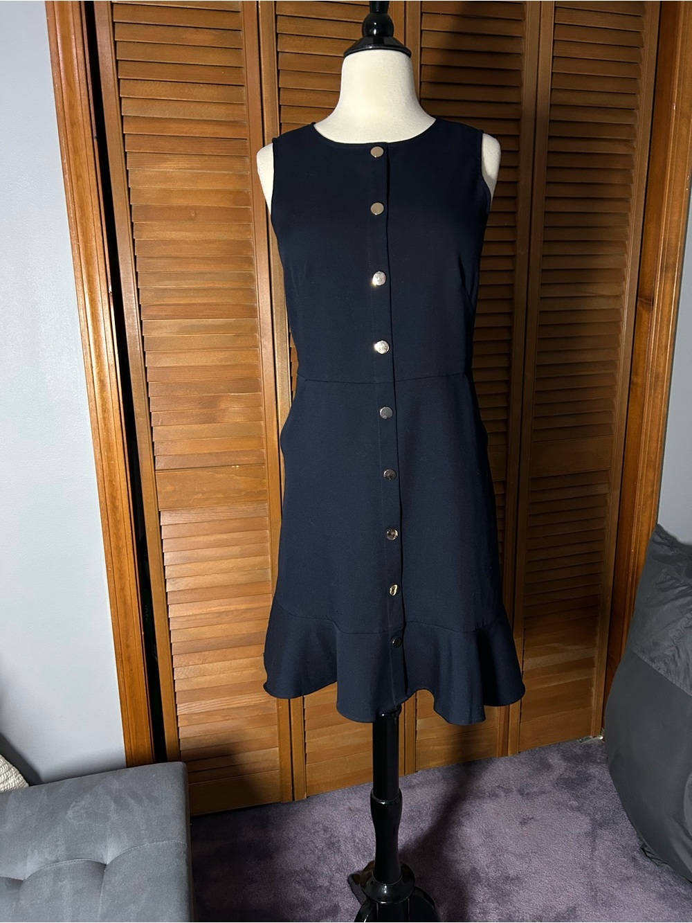 LOFT Navy Sleeveless Button-Front Look Dress with Ruffle Hem
